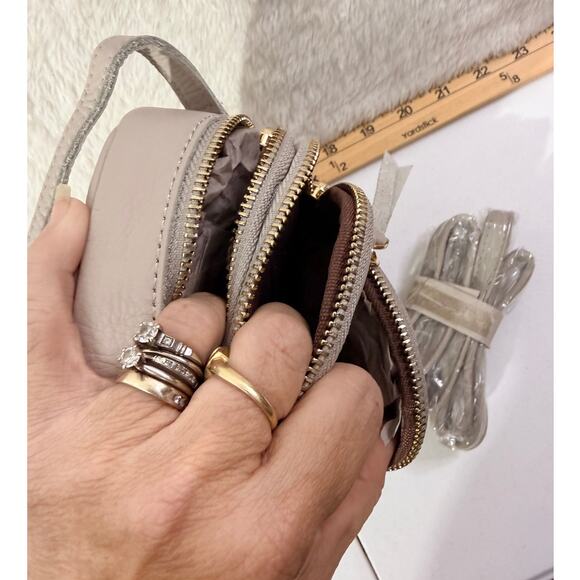Montana West Select Genuine Leather Mini Crossbody Beige Top Zip 3 Zips